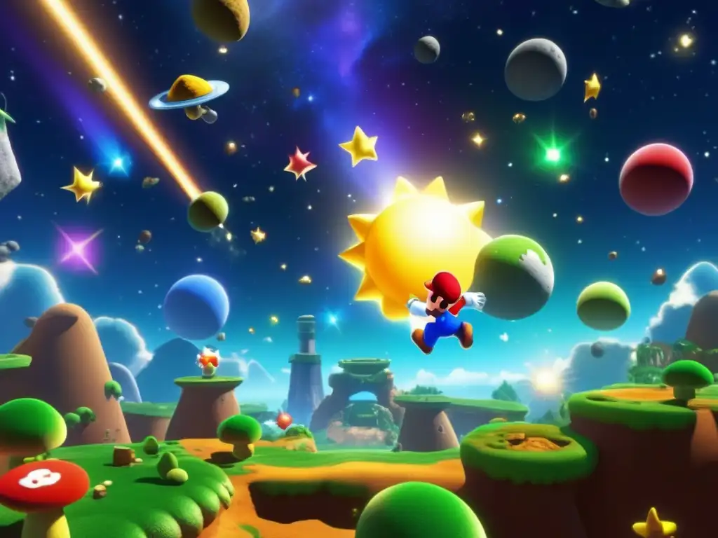 Marvelously detailed photorealistic view of the vibrant asteroid field in 'Super Mario Galaxy''s mid-level Planet Sigma 2 world