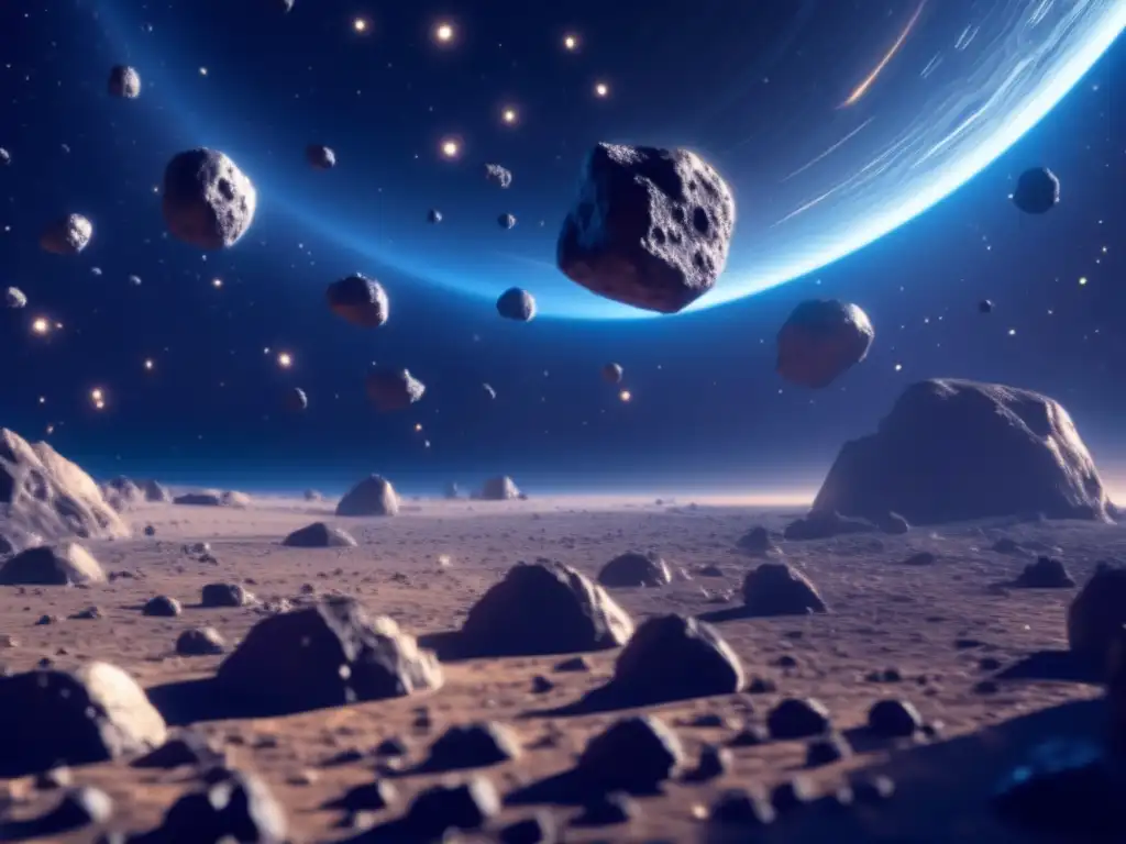 Dynamic, photorealistic depiction of an asteroid field, brimming with intricate glowing patterns and vast, towering structures
