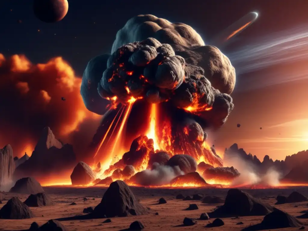 A photorealistic image of a colossal asteroid fiercely barreling towards a planet with a monstrous trail of flames and smoke billowing in its wake