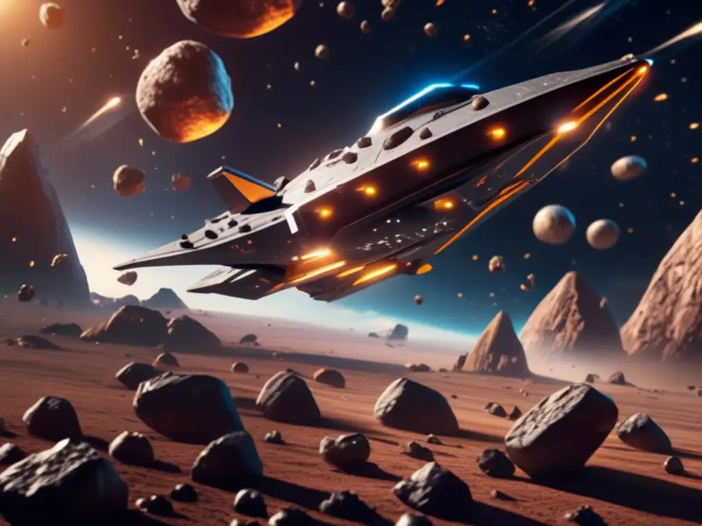 A stunning photorealistic depiction of a spaceship journey through a field of intricately modeled asteroids in full 3D