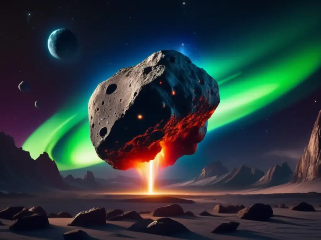 A stunning photorealistic illustration of an asteroid with a pulsating, ethereal glow emanating from its core