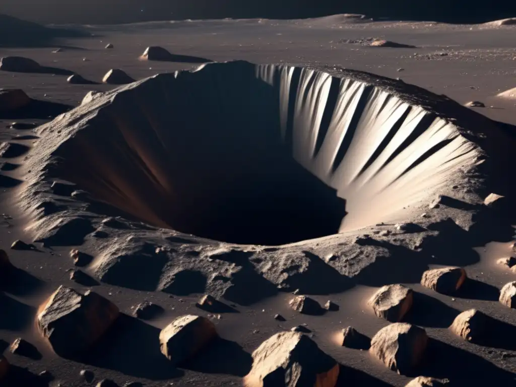 A breathtaking photorealistic image captured the vast crater on Asteroid Fortuna, revealing jagged rocks in various shapes and sizes, illuminated by reflection off bright, reflective metal surfaces in shadows and crevices