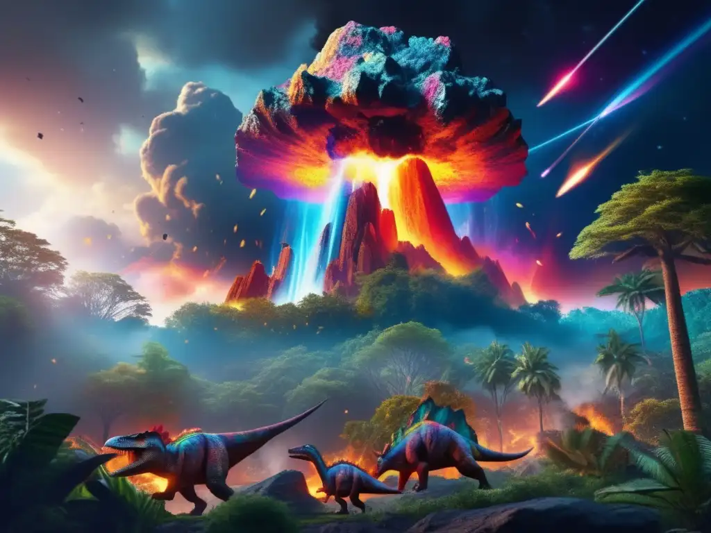 A multicolored asteroid fragment, suspended in mid-air above an ancient forest, creates a catastrophic scene as it crashes onto the 3D landscape, casting a dramatic contrast between the black sky and the vibrant leaves and towering trees, lighting effects emphasizing the chaos, in a photorealistic style