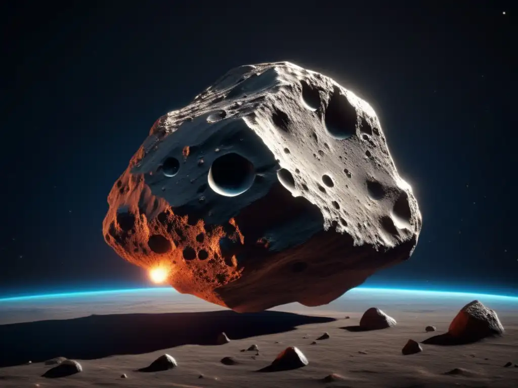 A photorealistic asteroid floats in space, illuminated from behind, casting dramatic shadows