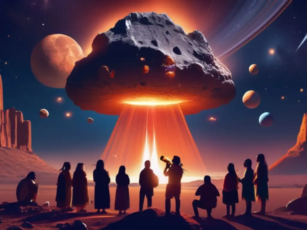 A Native American tribe gathers around a large and glowing asteroid, offering prayers and offerings through ancestral telescopes