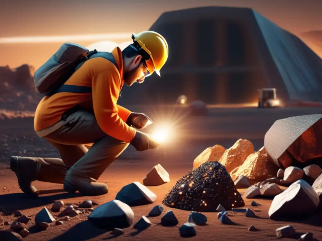 In this photorealistic image, a geologist meticulously examines a rock sample from an asteroid mining operation