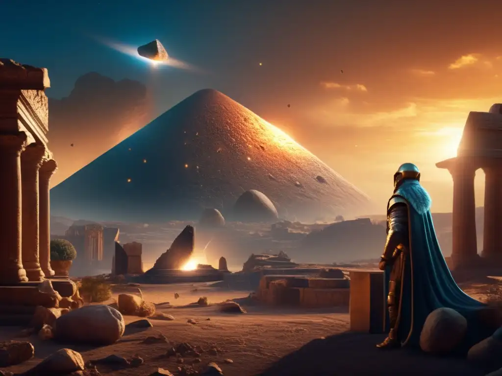 A photorealistic portrayal of Asteroid Glaucus in the backdrop, with ancient ruins, mystical portal, and a cavelike opening, exuding an eerie atmosphere