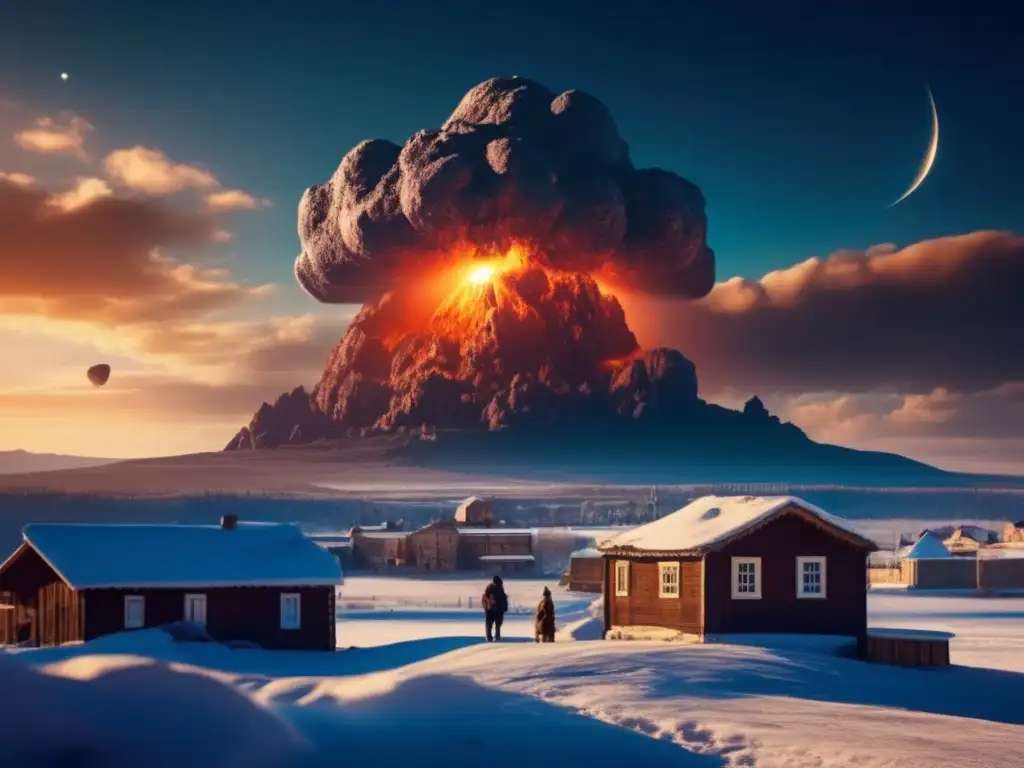 – An ancient Russian village is dwarfed by a massive asteroid in the sky, casting an eerie glow and casting a long shadow