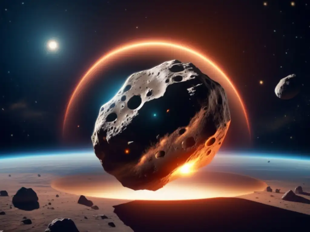 A photorealistic depiction of an asteroid, floating in space with an intense glowing radiation circle