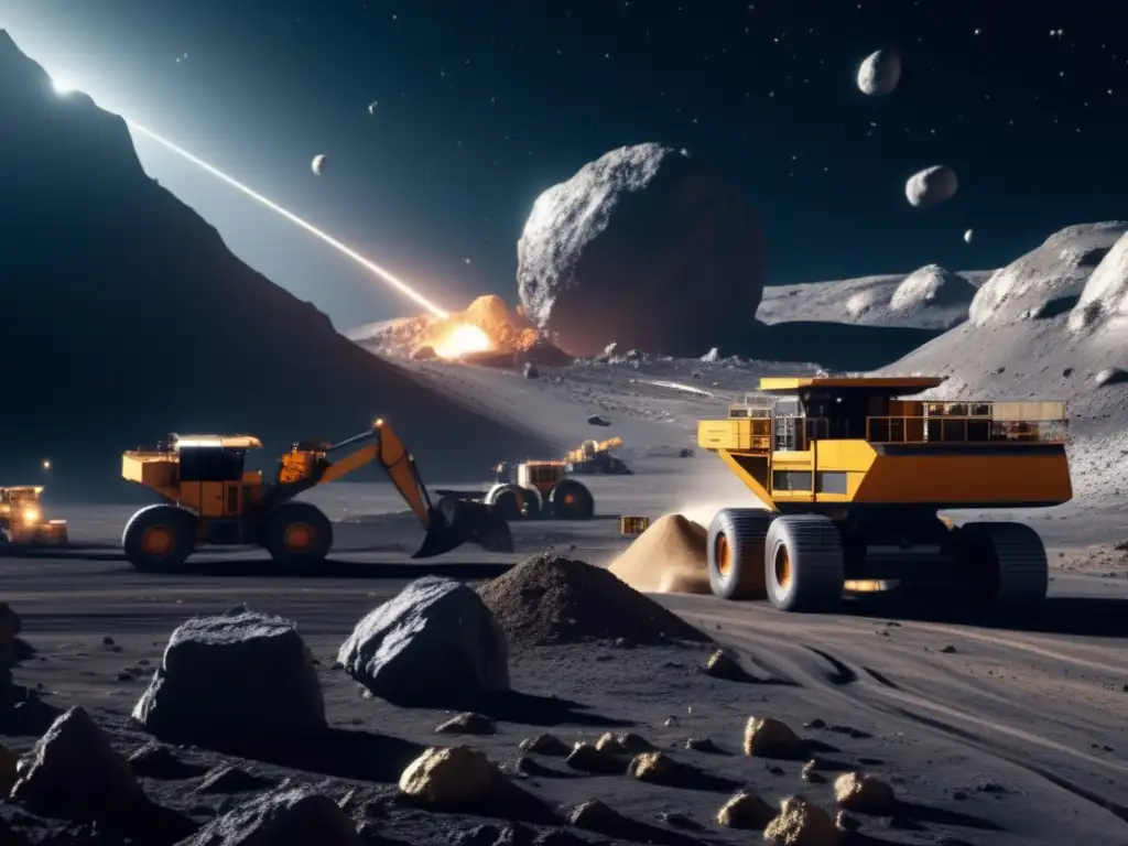A photorealistic 8k ultradetailed image of a bustling mining operation on an asteroid surface, showcasing the heavy machinery used to extract valuable resources amidst the volcanic dust and debris