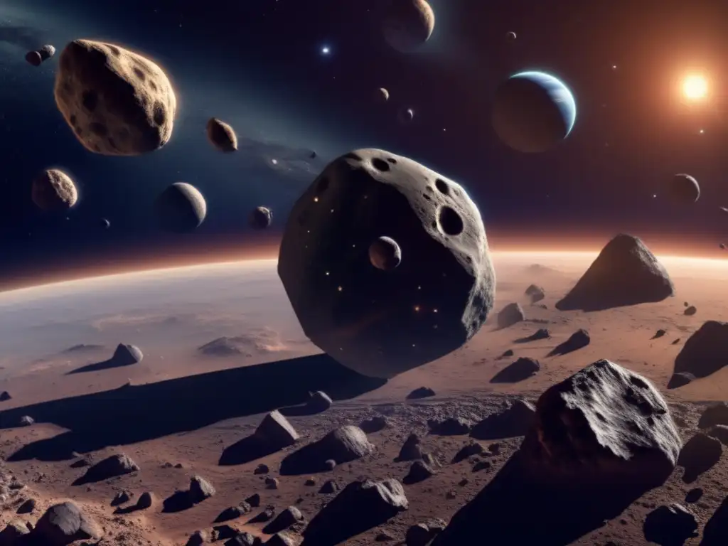 A photorealistic depiction of Earth in space, with asteroids exerting gravitational influence