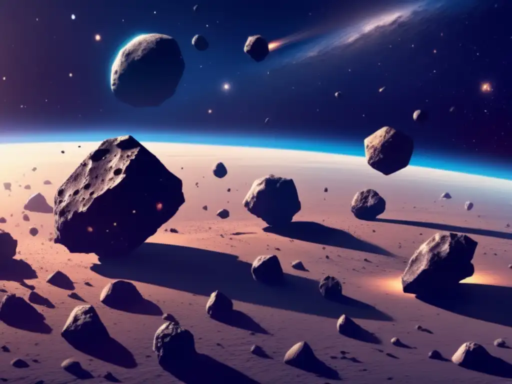 A captivating, photorealistic panorama of asteroids floating in the infinite expanse of space