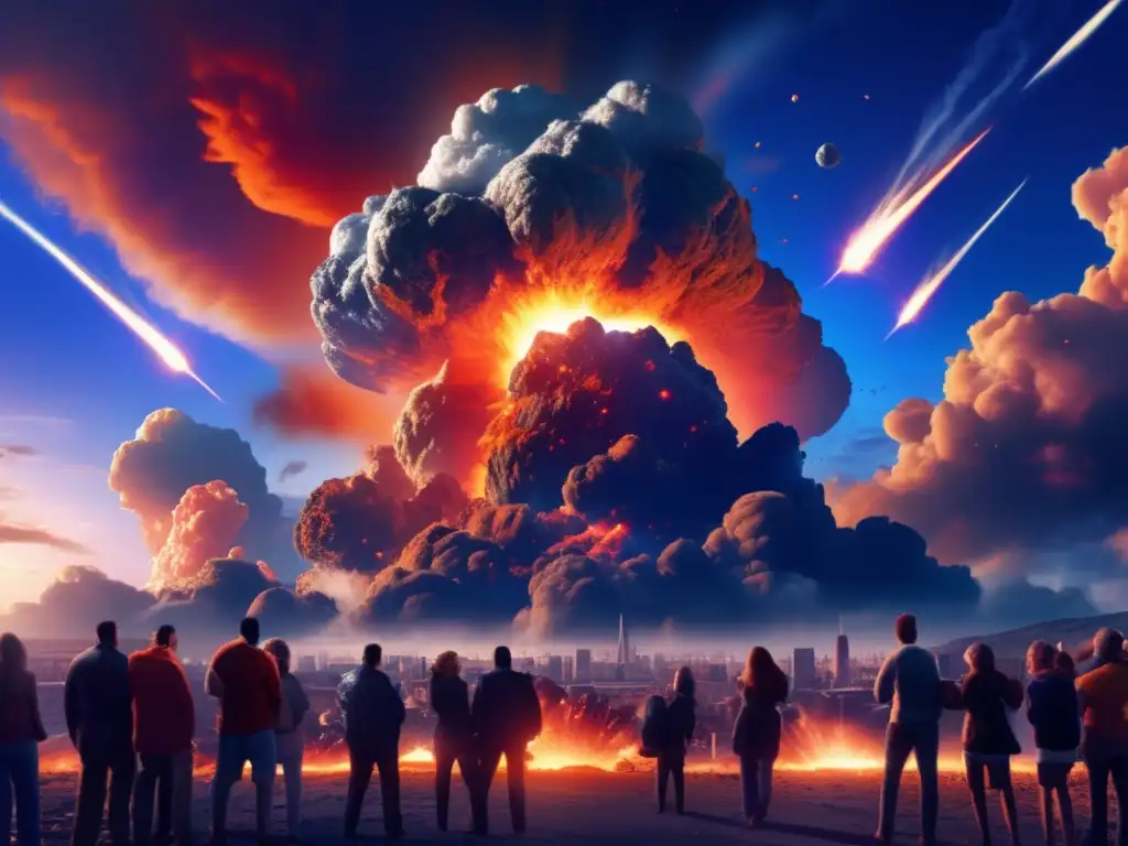 A photorealistic image of an asteroid Hailstorm, striking the Earth's atmosphere with enormous force and exploding in a dazzling display of meteors, smoke, and fire against a dramatic dark blue sky background