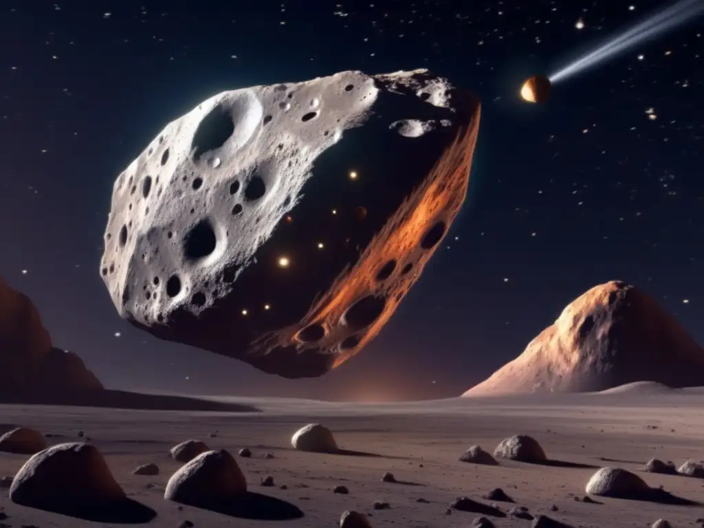 Stunning photorealistic image of an asteroid spacecraft harvester mining a large asteroid in deep space