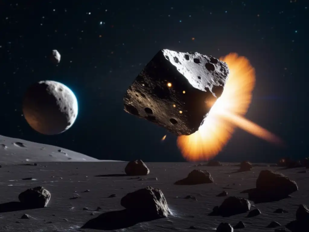 Dash: An artistically rendered view of an asteroid and spacecraft in space, with iridescent surface and icy formations