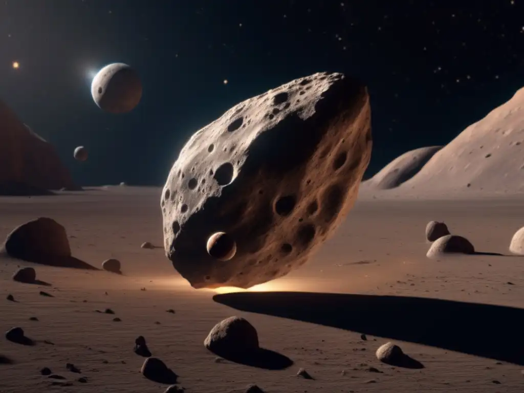 A photorealistic image of the asteroid Hera, set against a backdrop of barren asteroid-filled space with celestial bodies in the distance