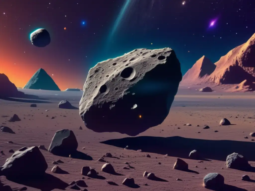 Dash: An breathtaking image of an asteroid with full-color technicolor detail, surrounded by other asteroids in a blurry background