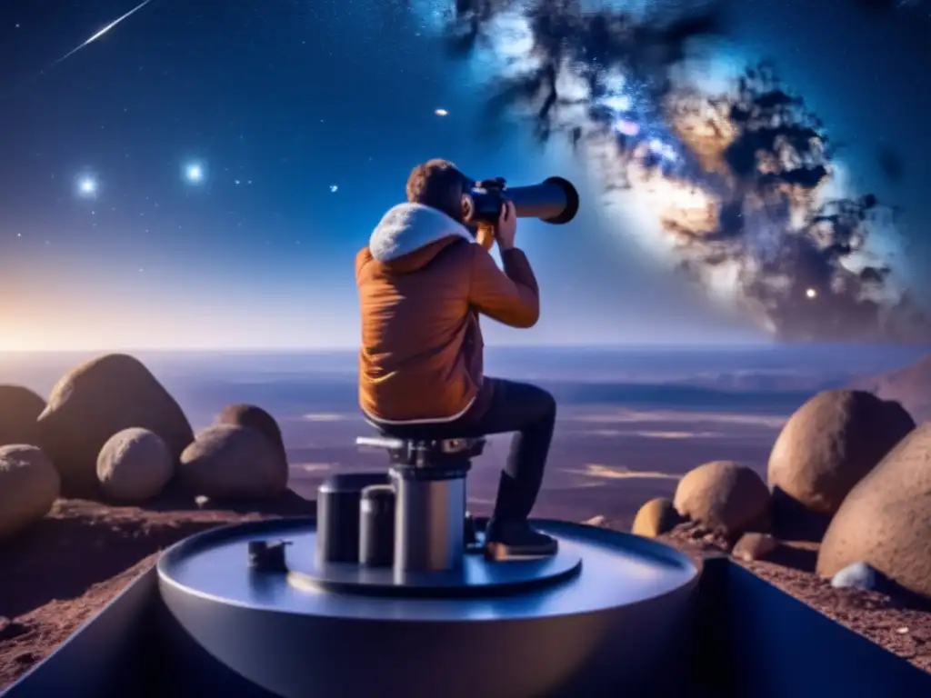 Alien hunter lost in the vast expanse of space, perched dangerously on a telescope, ready to discover hidden asteroids