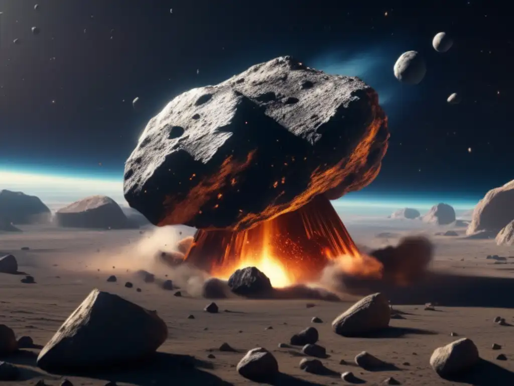 An asteroid hurtles through space, its massive form illuminated against a dark background