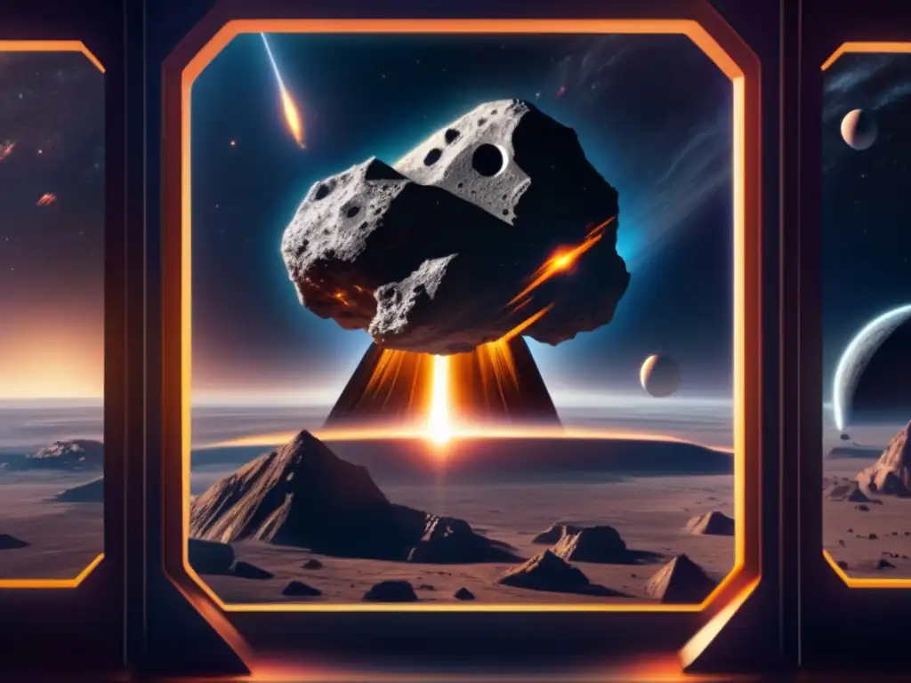 A massive asteroid hurtling through space in reflection on a futuristic observatory through a bulletproof glass window, with glowing stars and intricate details capturing its jagged surface in photorealistic detail, inspiring awe and wonder