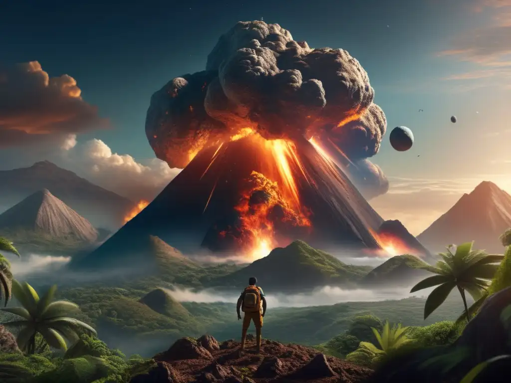 An apocalyptic asteroid, obliterating Earth's geography, looms ominously, as lush vegetation and towering mountains give way to barren wasteland