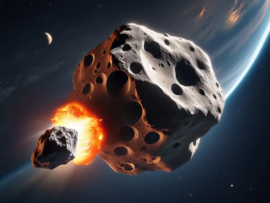 A breathtaking photorealistic rendering of a massive asteroid barreling towards Earth, with intricate crevices and debris visible on its surface