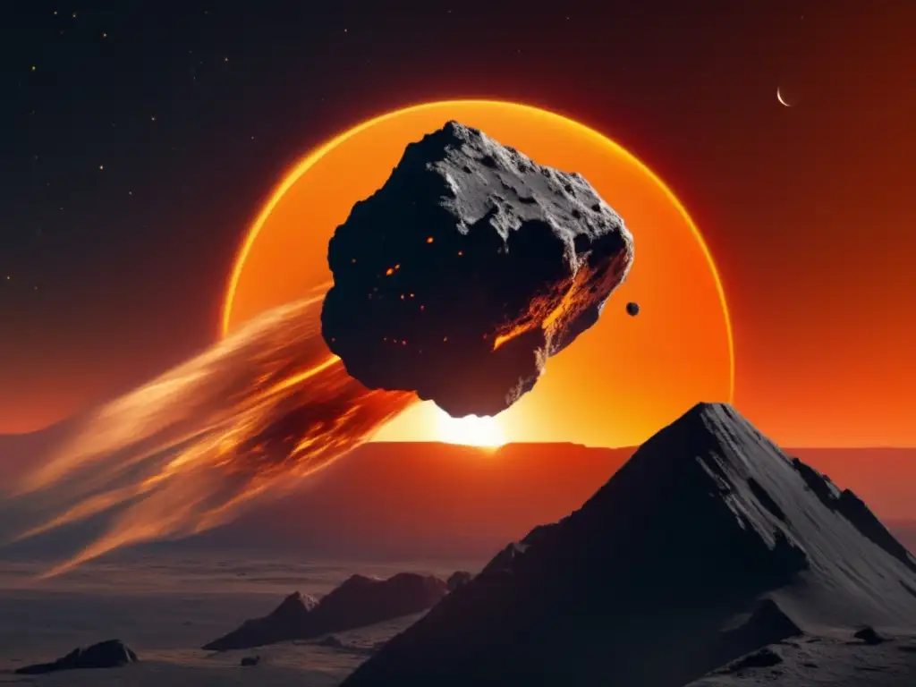 A breathtaking aerial view of the asteroid Icarus, with its dark gray surface contrasting against the bright orange sun