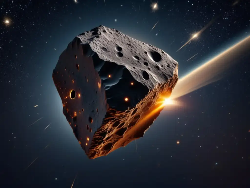 A breathtaking photorealistic image of Asteroid Icarus, displaying its jagged, rocky surface and intricate patterns etched from past meteor impacts