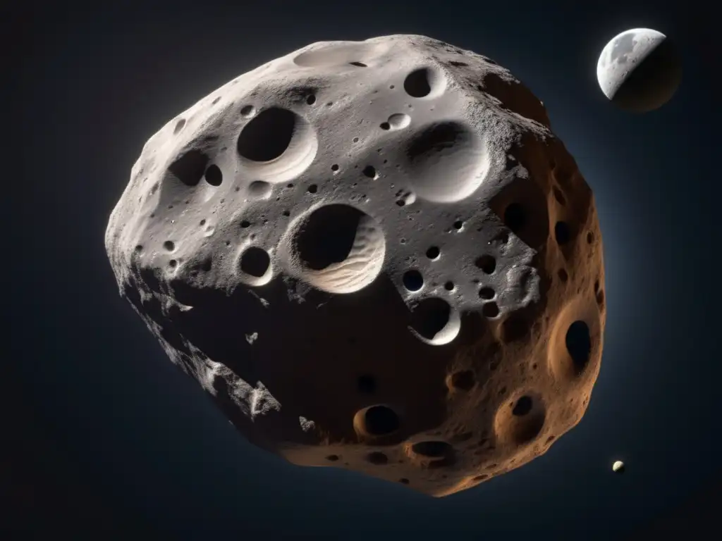 A photorealistic asteroid Ida in space, accompanied by its moon Dactyl