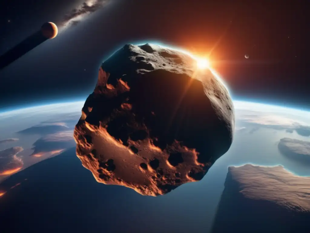 Photorealistic illustration of the Idomeneus asteroid, hovering above a small Earth