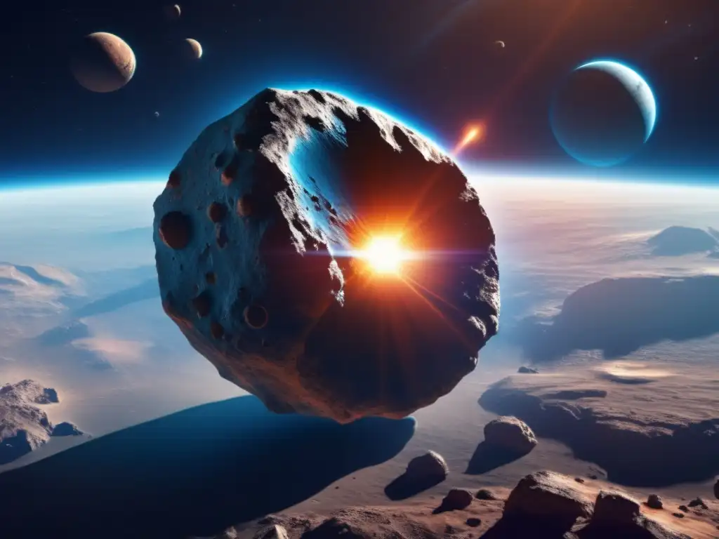 A photorealistic image of a gigantic asteroid, vibrantly illuminated by the sun, rapidly approaching a vivid blue planet