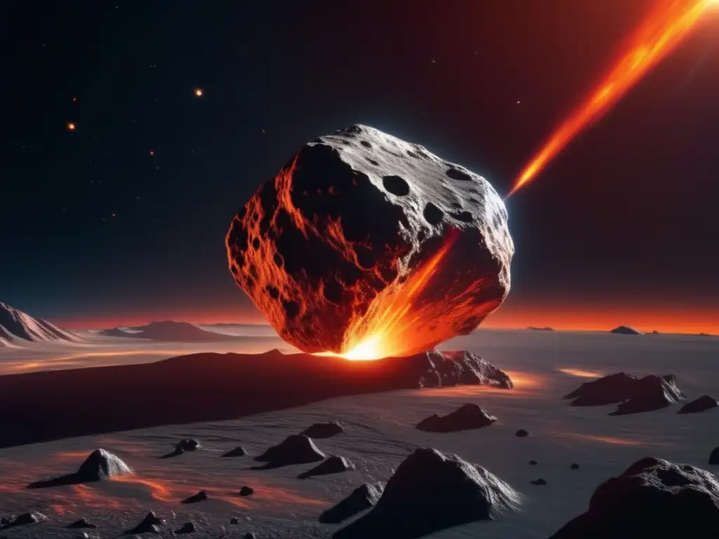 Asteroid jaggedly approaches Earth, red and orange glow striking against black space