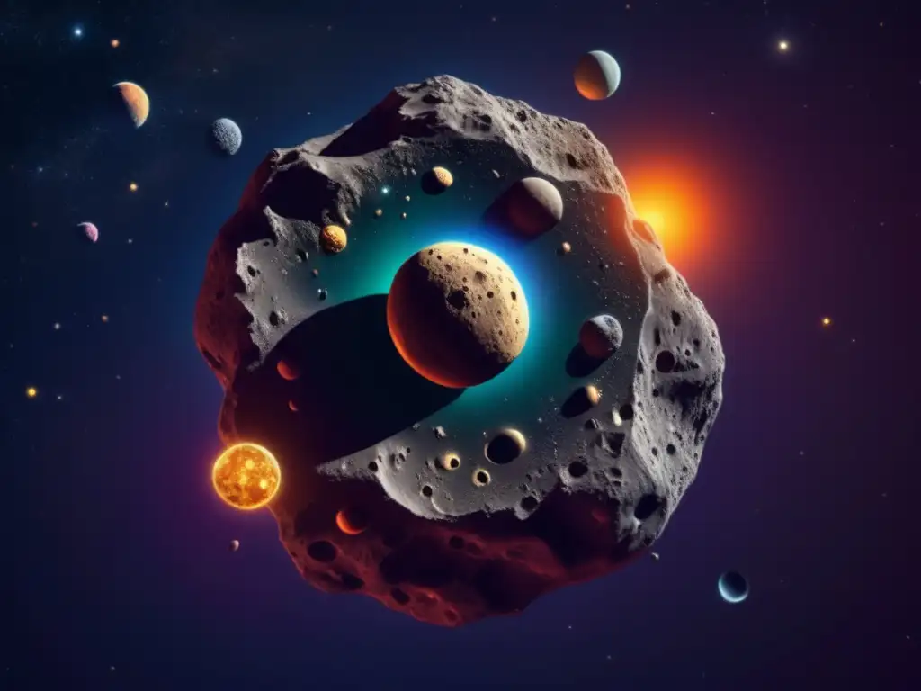 A breathtaking photorealistic depiction of an asteroid with multiple moons, intricate details, and fully illuminated surface, similar to Kleopatra