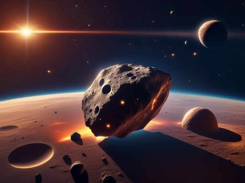 An awe-inspiring view of a photorealistic asteroid gliding towards Earth, textured with craters and ridges, basking in golden light