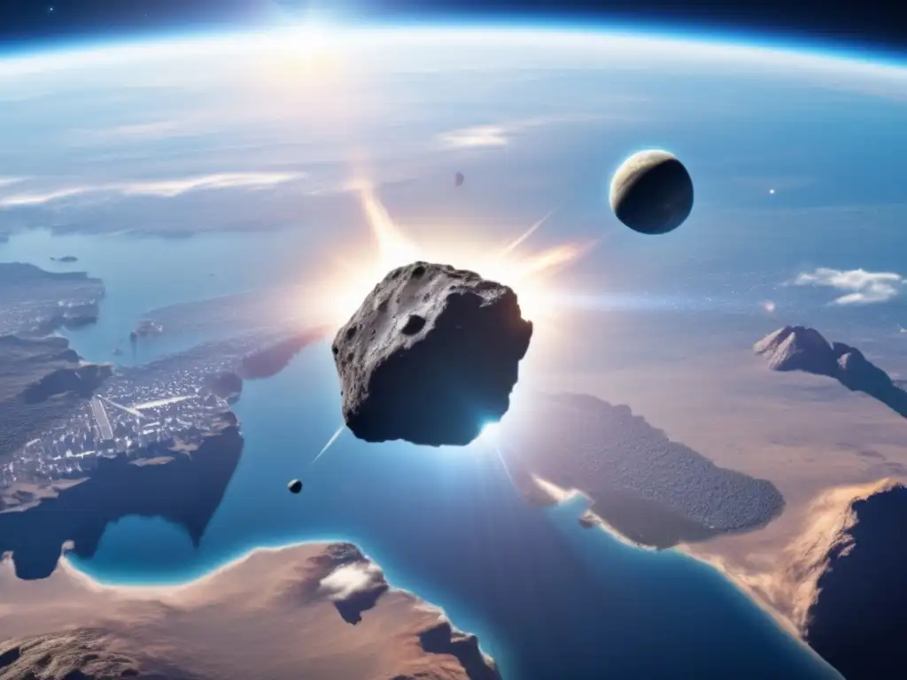 Asteroid of immense size and power hurtles closer as the clear blue Earth looms in the background