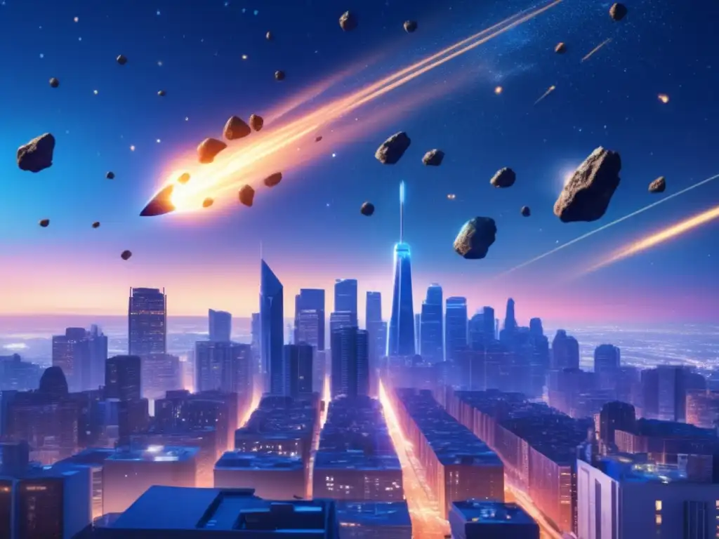 Dramatic and suspenseful, this photorealistic image captures a heavily populated city skyline with a cluster of asteroids above it