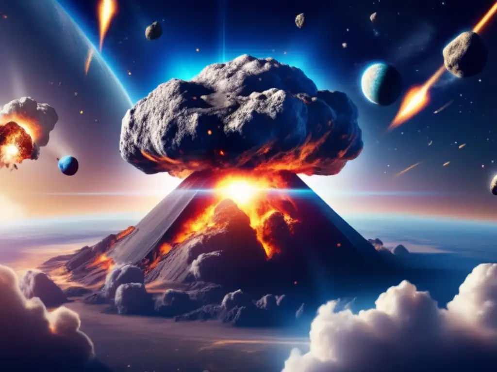 An ALT text in English for an astounding image of an asteroid impact in the article 'Earth's Defenders: Current Strategies For Asteroid Prevention'