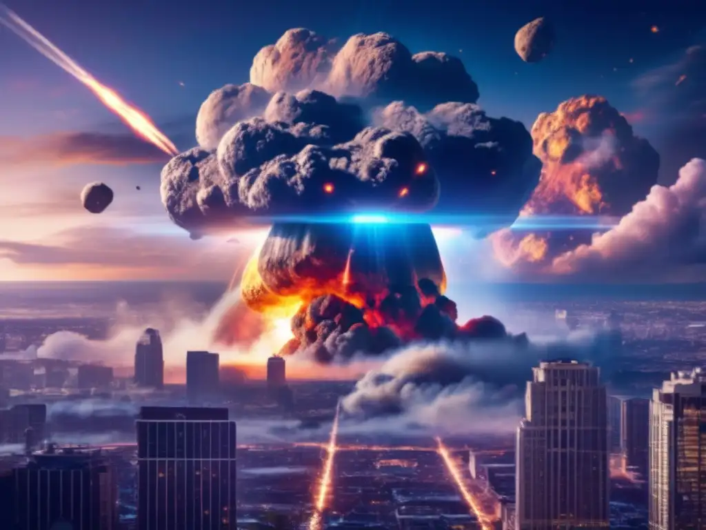 A massive asteroid hurtles towards a bustling city, casting destruction and chaos in its wake