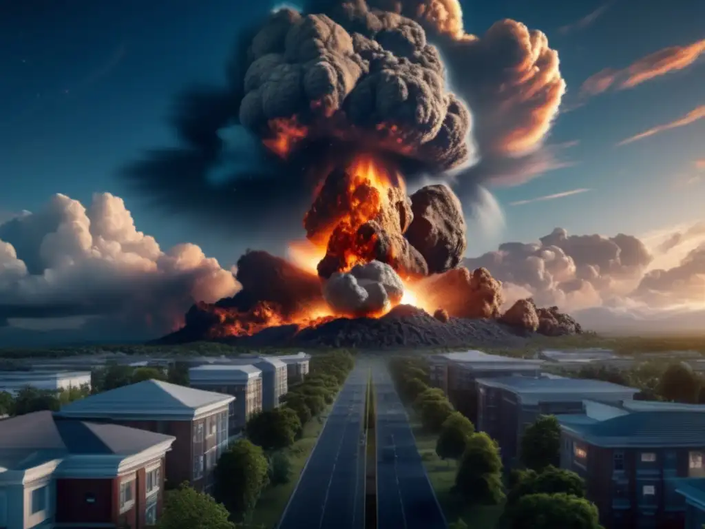 Awardwinning photographer captures breathtaking image of an asteroid impact on Earth, highlighting the raw power and destructive force of the event, with intricate details of the surrounding environment including buildings, trees, and clouds, showcasing the devastating toll the impact would have on our planet