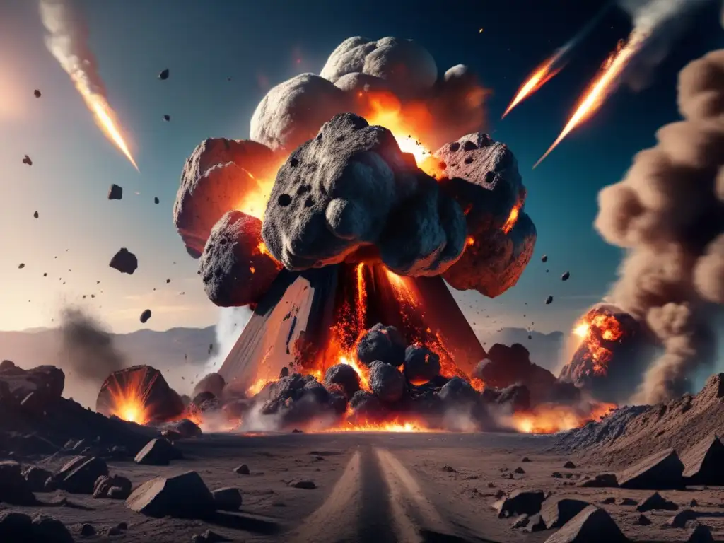 An asteroid obliterates Earth in a photorealistic image, causing immense destruction and debris to soar high into the sky