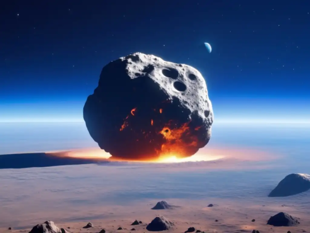 An image of a massive asteroid rapidly approaching Earth, with a striking vivid blue sky in the background, emphasizing the impending impact