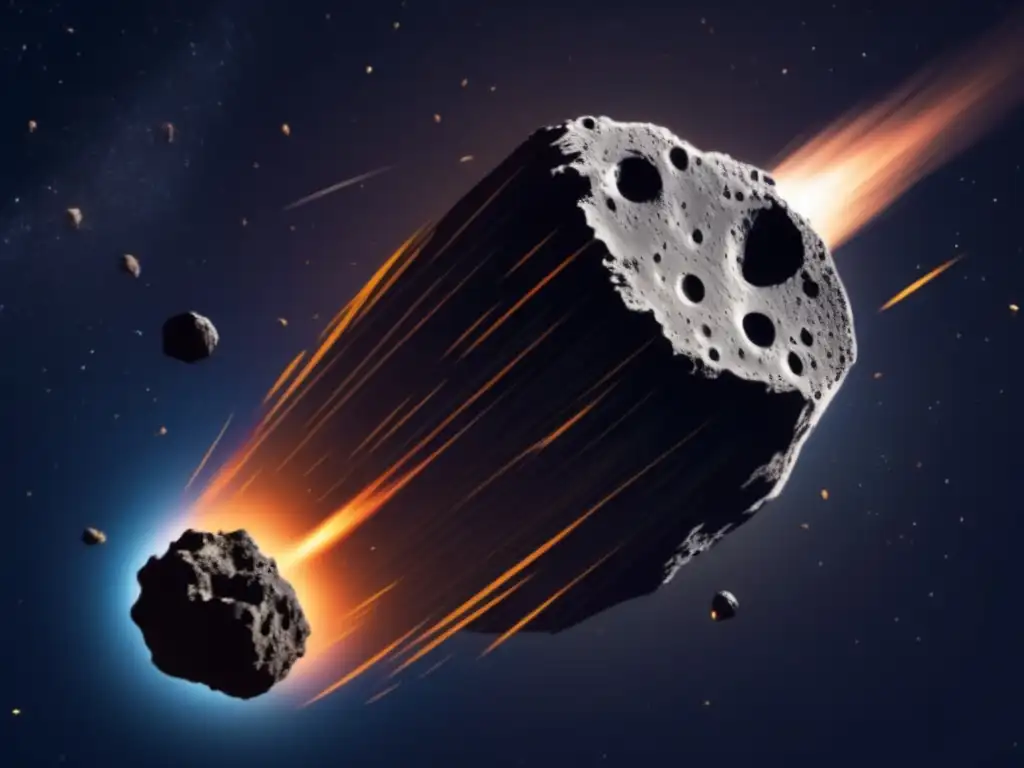 An ominous celestial event unfolds as a massive, dark asteroid orbits Earth, shedding a trail of debris and debris particles in its wake
