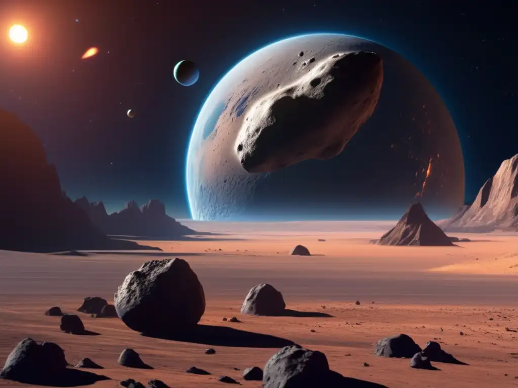 A hauntingly realistic depiction of a small asteroid in orbit around a teeming planet, with a bleak settlement in the background