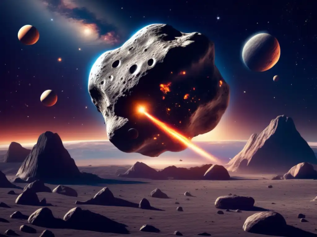 A highly detailed photorealistic image of a massive asteroid traveling through space, with other asteroids and planets in the background