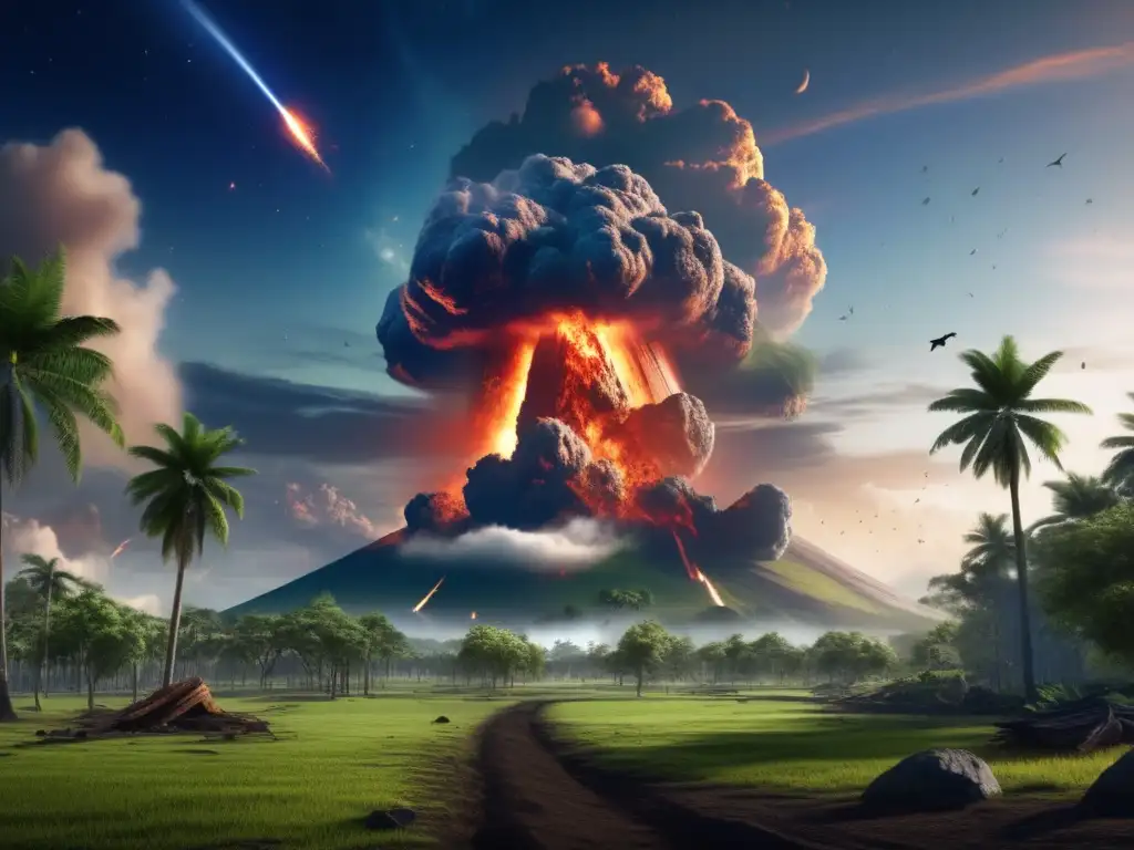 A photorealistic depiction of a massive asteroid impact on a lush, green Earth