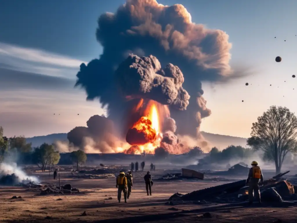 Horns of the dilemma in the aftermath of the asteroid impact: a bright explosion and massive shockwave in the sky, caused the collapse of buildings and trees, scattering debris across the landscape, forming a smoky, debris-filled sky with barely visible sun, leaving few survivors in shock, looking upward in horror