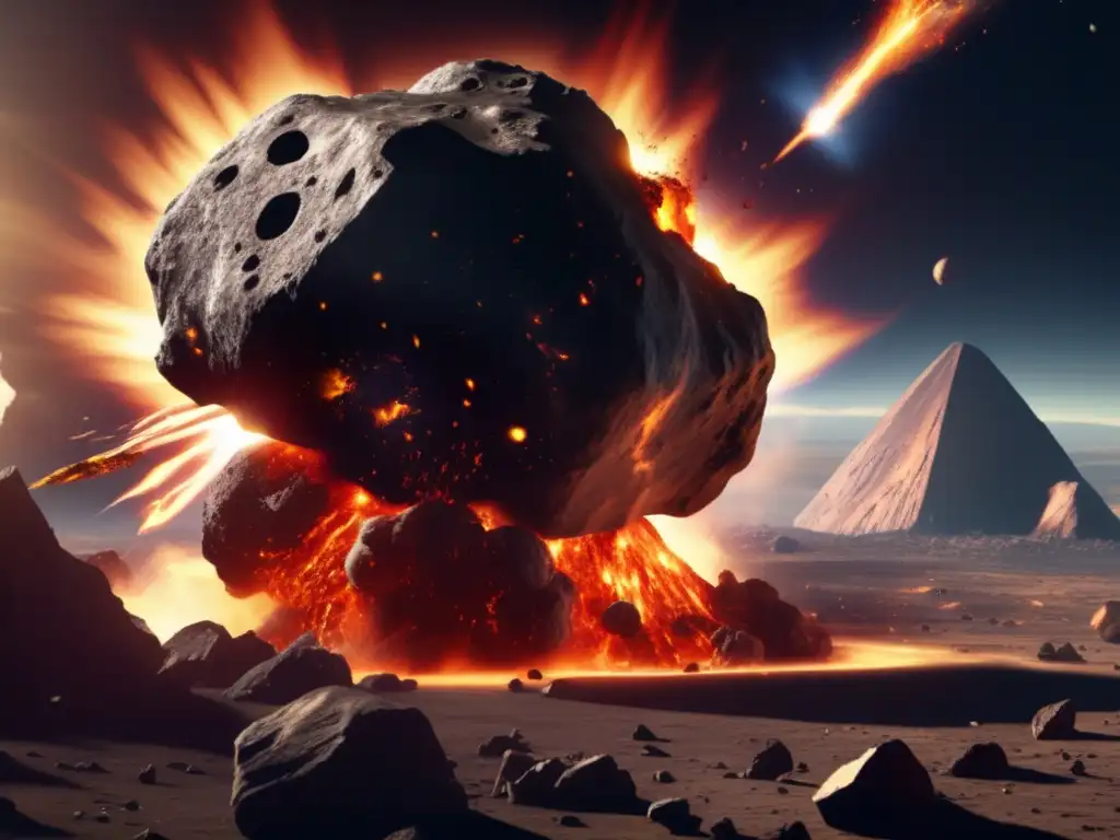 A photorealistic depiction of a massive asteroid, dwarfing the moon, hurtling through space and detonating in a fiery inferno