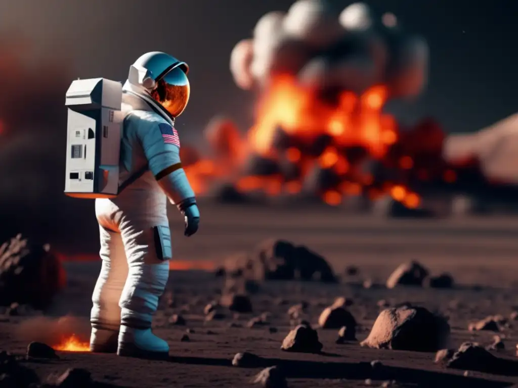 An 8k resolution image captures the dangers of space with a photorealistic astronaut in a spacesuit standing on an asteroid