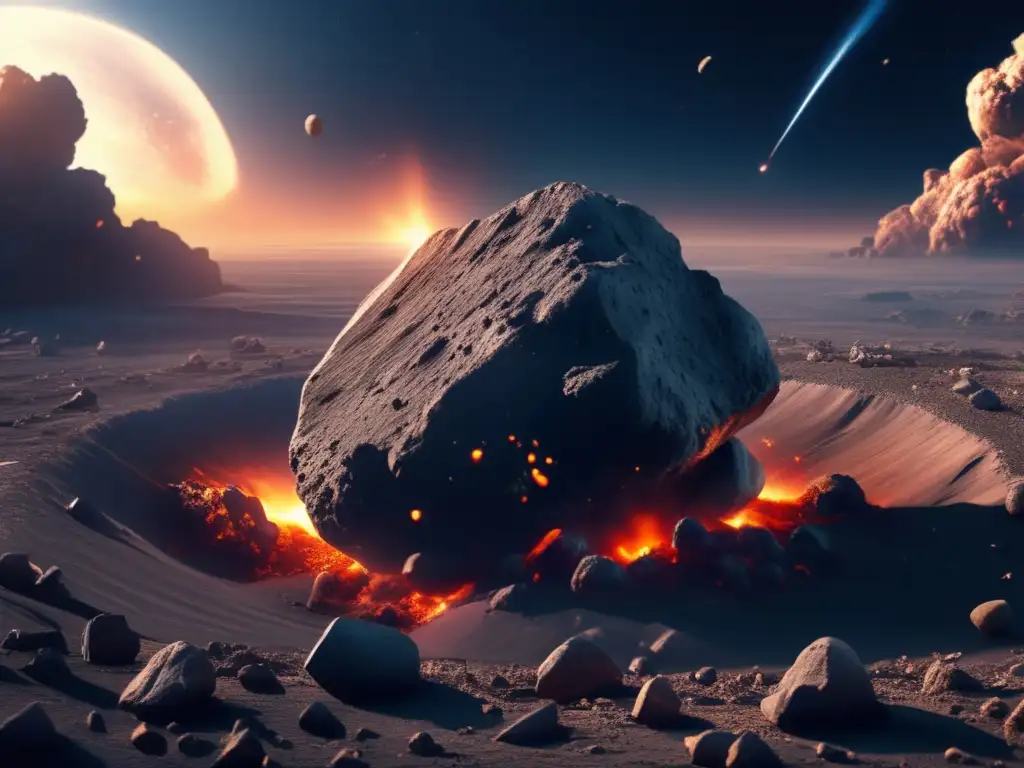 A stunning 8k ultradetailed photograph captures the aftermath of an asteroid impact site, shot in a photorealistic style