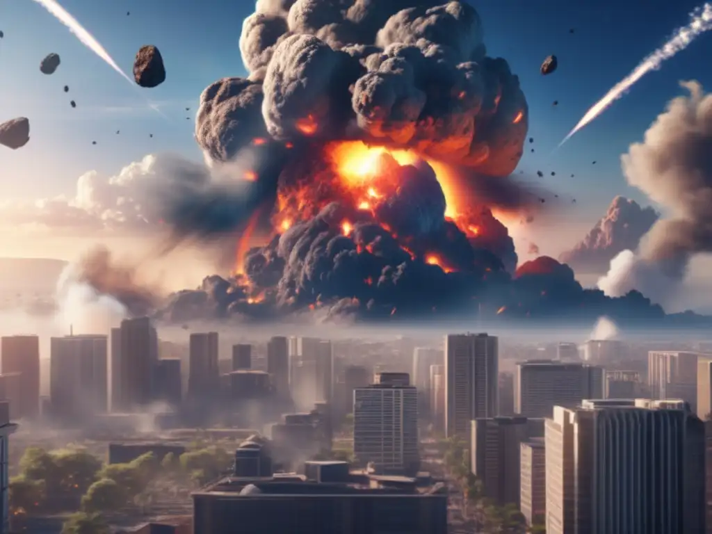 A detailed, photorealistic depiction of a massive asteroid hurtling through the sky, causing widespread destruction and panic in a city below